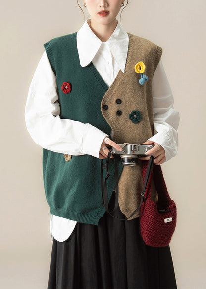 Green Button Cozy Patchwork Knit Vest Asymmetrical Spring