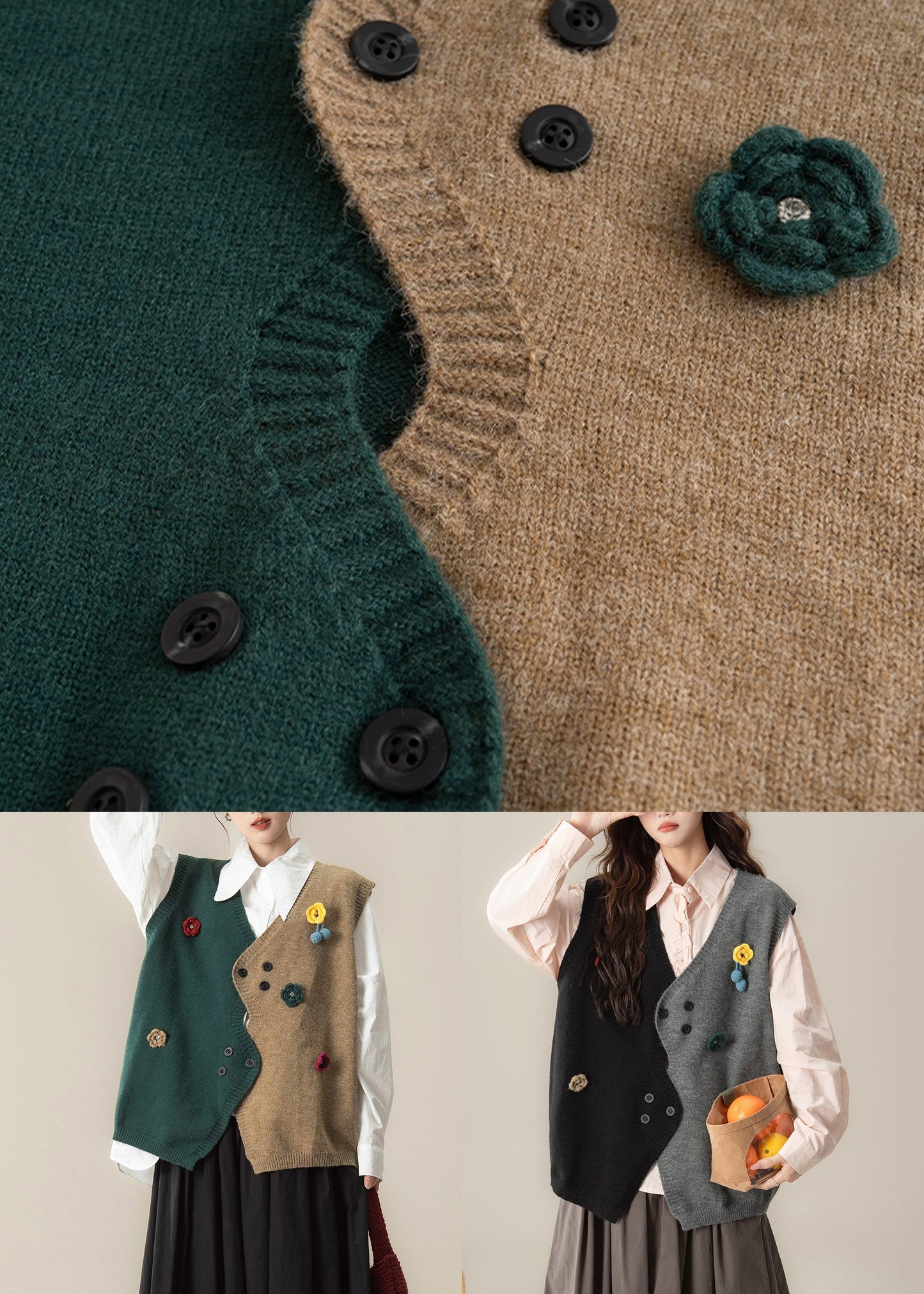 Green Button Cozy Patchwork Knit Vest Asymmetrical Spring