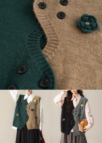 Green Button Cozy Patchwork Knit Vest Asymmetrical Spring