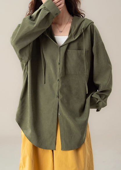 Green Button Lace Up Cotton Spring Blouses Hooded