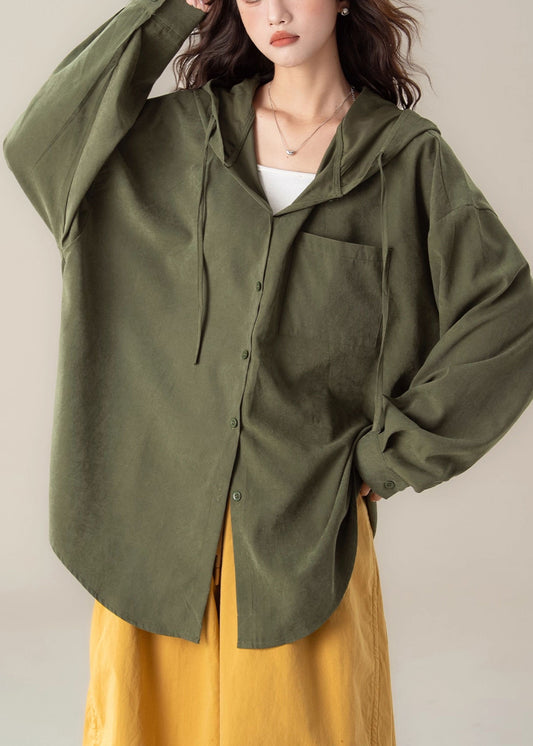 Green Button Lace Up Cotton Spring Blouses Hooded