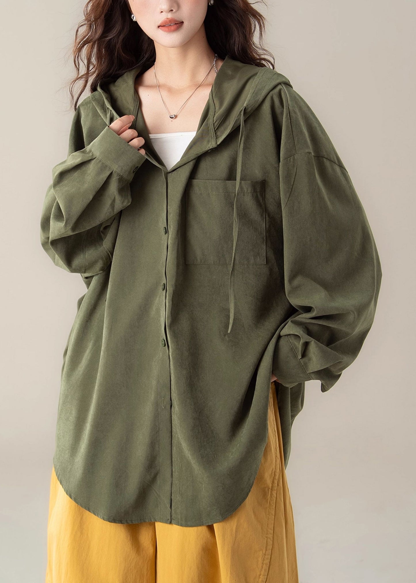 Green Button Lace Up Cotton Spring Blouses Hooded