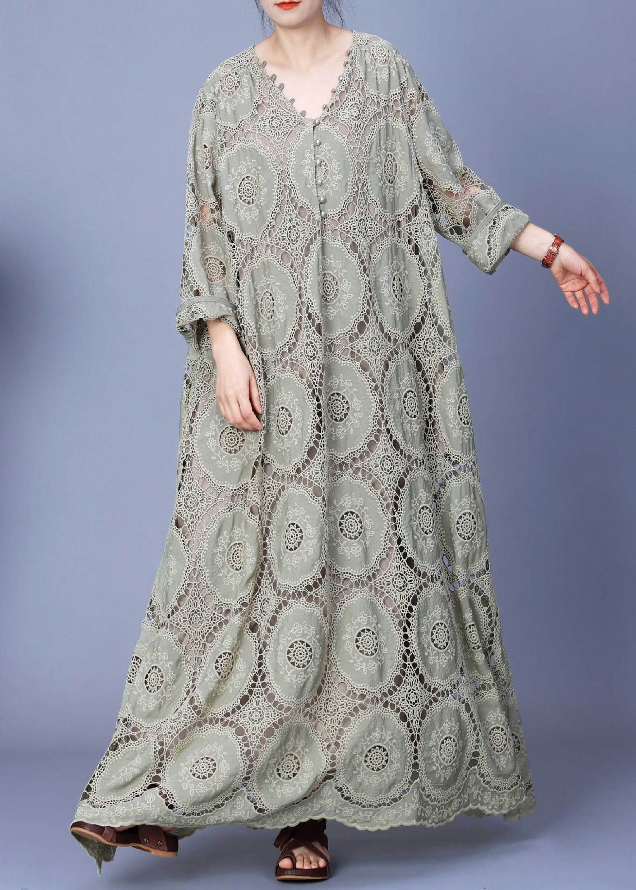 Green Button Pockets Cotton Dresses V Neck Long Sleeve