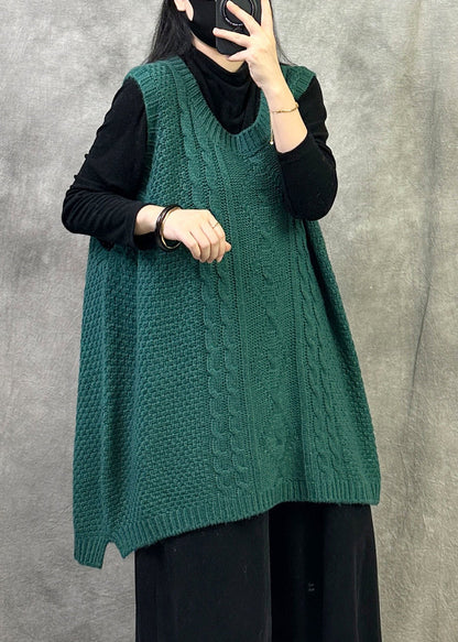 Green Cable Knit Vest O Neck Sleeveless Oversized