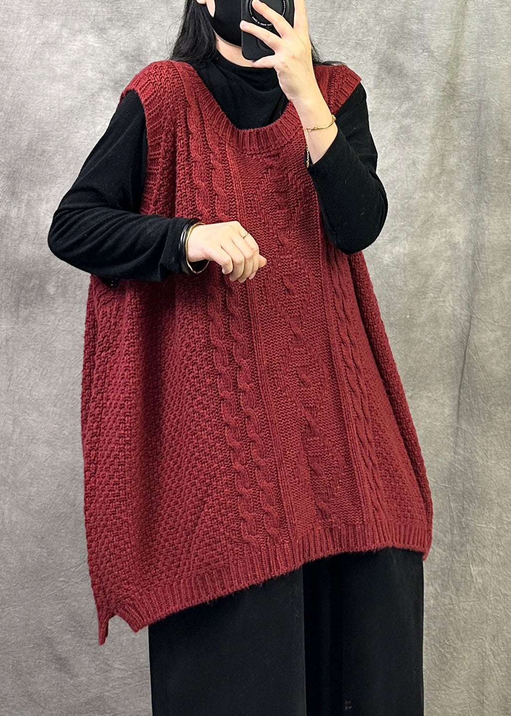 Green Cable Knit Vest O Neck Sleeveless Oversized