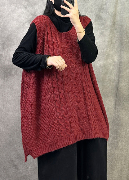Green Cable Knit Vest O Neck Sleeveless Oversized