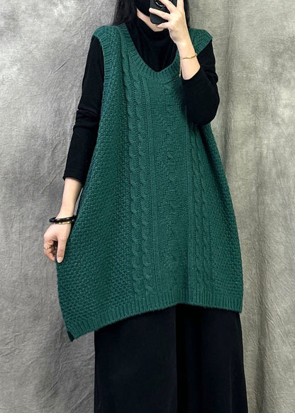Green Cable Knit Vest O Neck Sleeveless Oversized