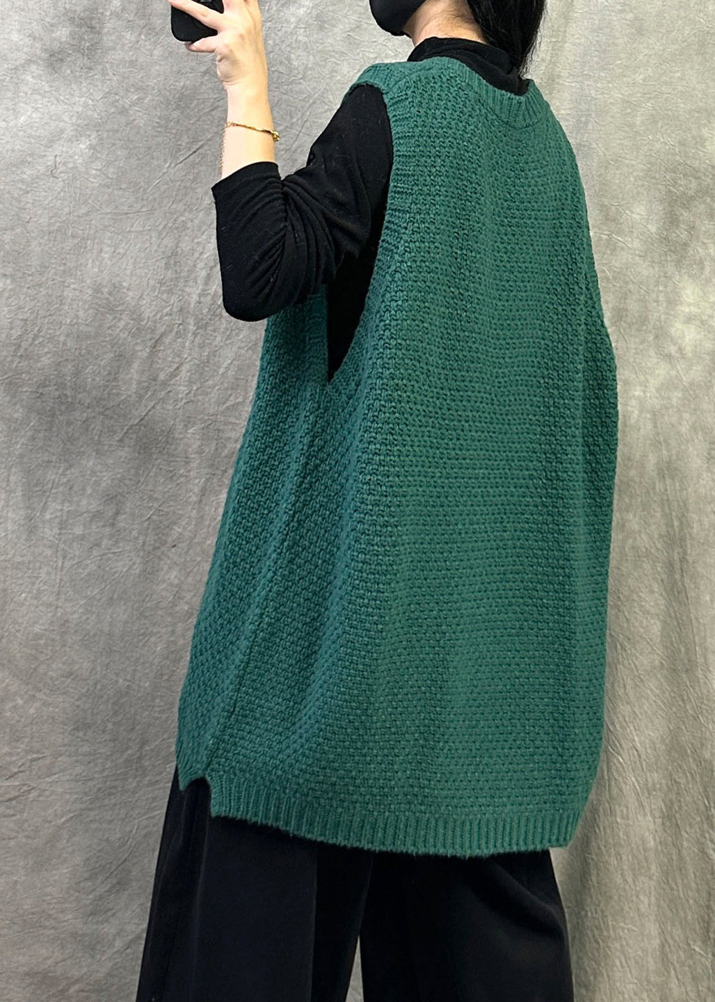 Green Cable Knit Vest O Neck Sleeveless Oversized