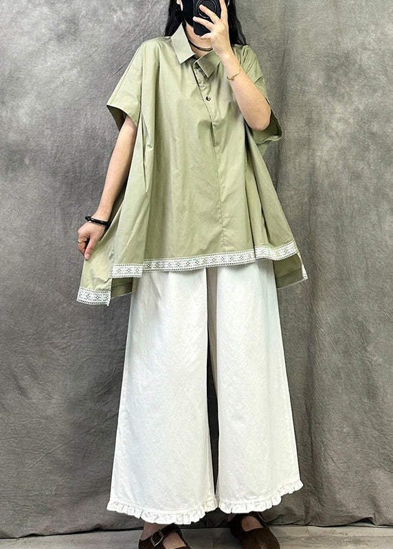 Green Cotton Shirt Tops Peter Pan Collar Asymmetrica Design Summer