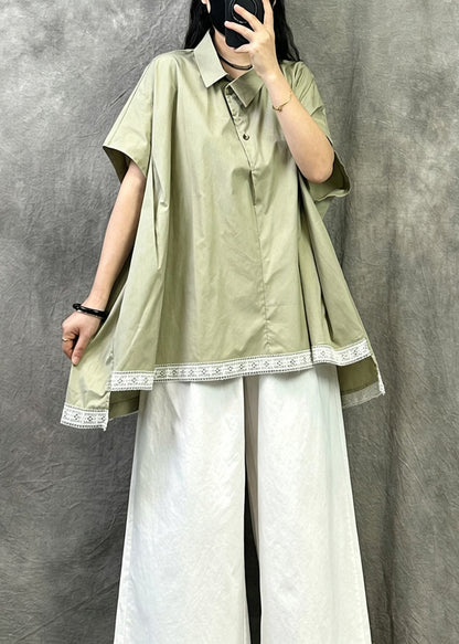 Green Cotton Shirt Tops Peter Pan Collar Asymmetrica Design Summer