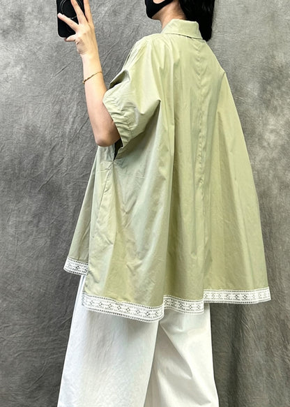 Green Cotton Shirt Tops Peter Pan Collar Asymmetrica Design Summer