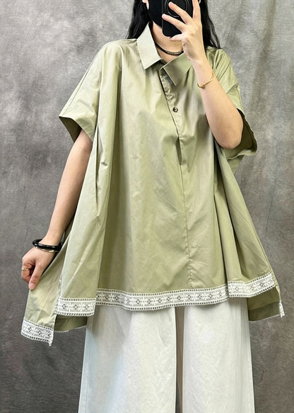 Green Cotton Shirt Tops Peter Pan Collar Asymmetrica Design Summer