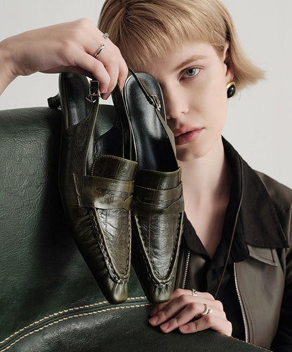 Green Cowhide Leather Splicing High Heels Pointed Toe