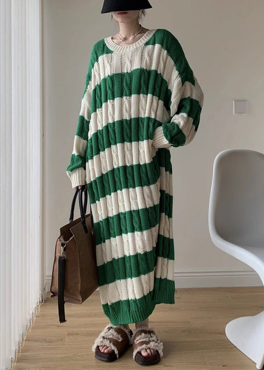 Green Cozy Cotton Cable Long Knit Dress O Neck Spring