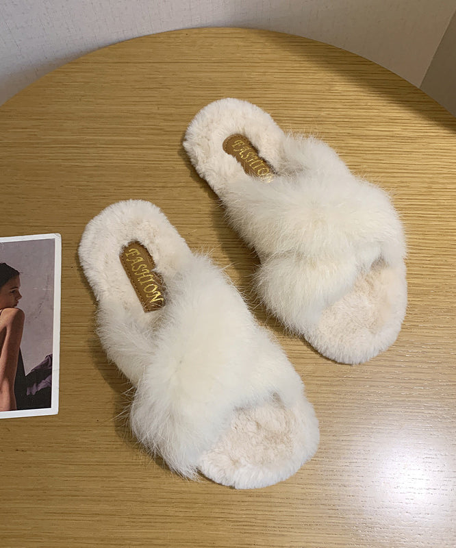 Green Cross Strap Fuzzy Fur Splicing Slippers Shoes