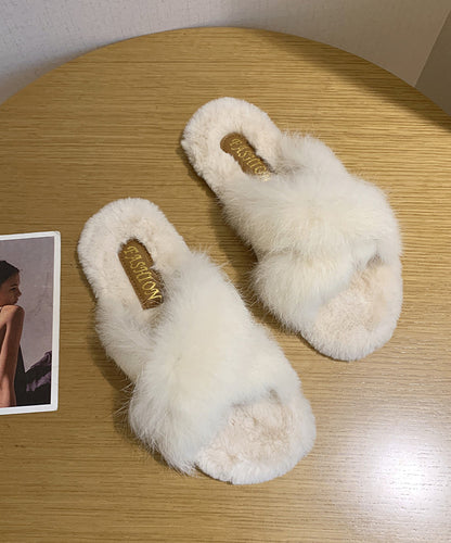 Green Cross Strap Fuzzy Fur Splicing Slippers Shoes