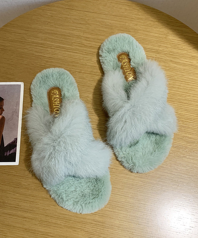 Green Cross Strap Fuzzy Fur Splicing Slippers Shoes