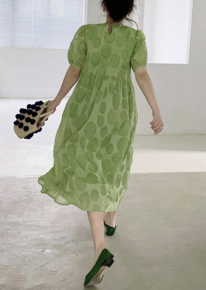 Green Dot High Waist Cotton Long Dresses O Neck Summer