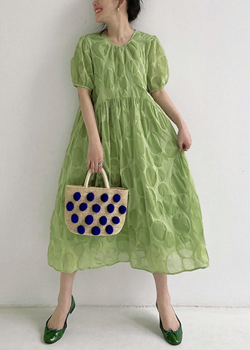 Green Dot High Waist Cotton Long Dresses O Neck Summer