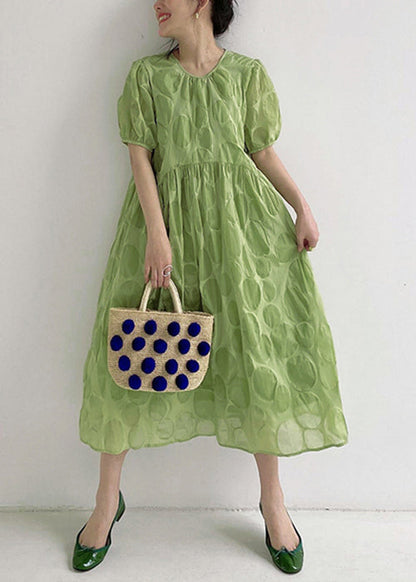 Green Dot High Waist Cotton Long Dresses O Neck Summer