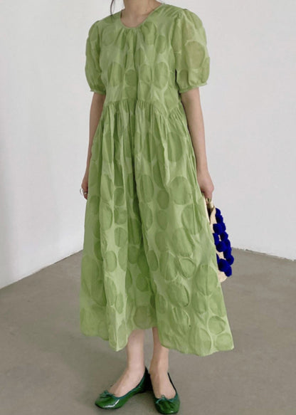 Green Dot High Waist Cotton Long Dresses O Neck Summer