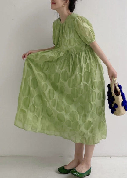 Green Dot High Waist Cotton Long Dresses O Neck Summer