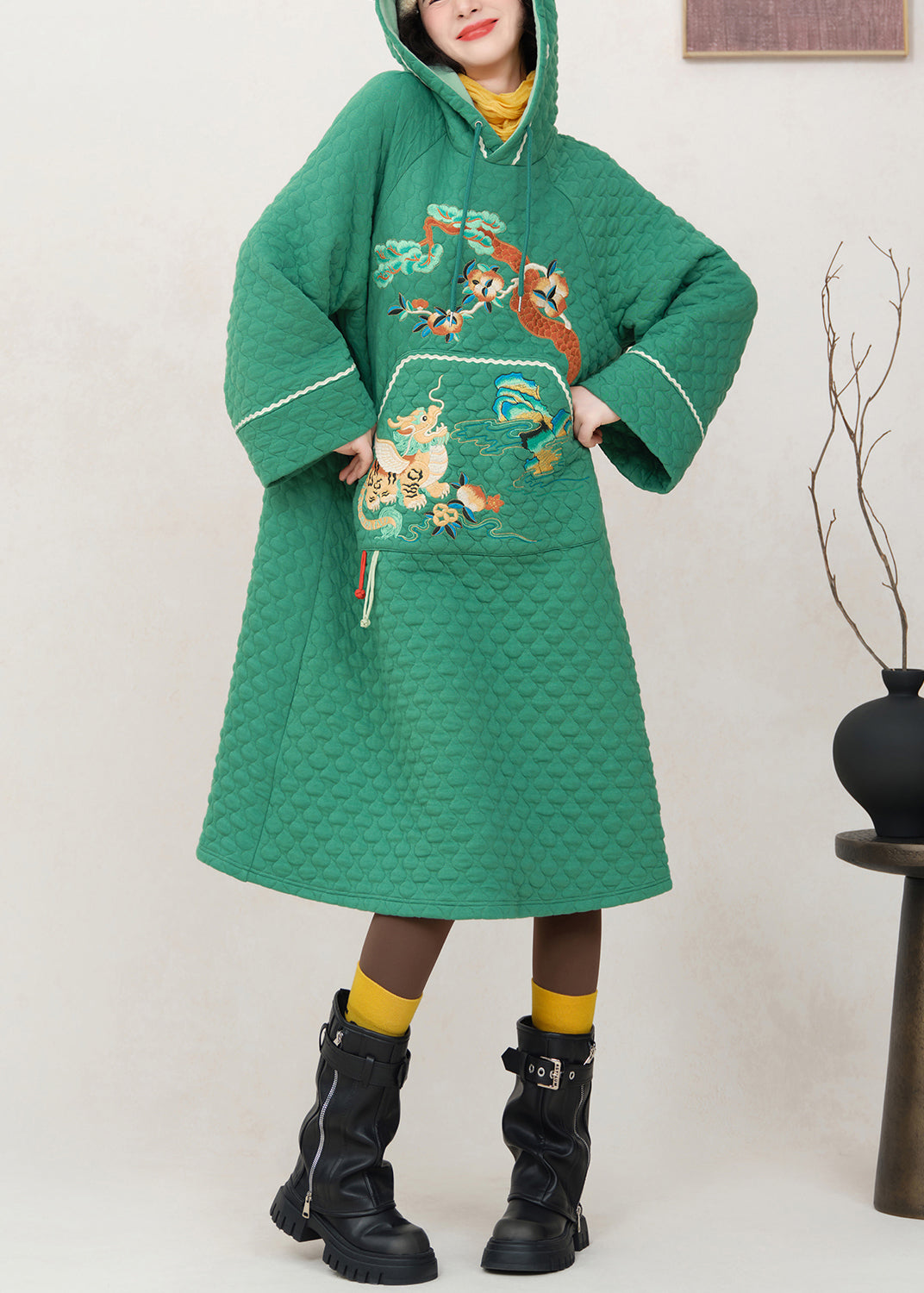 Green Embroidered Pockets Cotton Filled Sweatshirt Dress Hooded