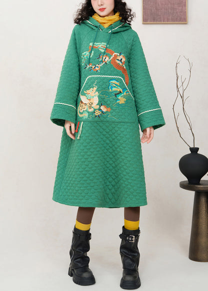 Green Embroidered Pockets Cotton Filled Sweatshirt Dress Hooded