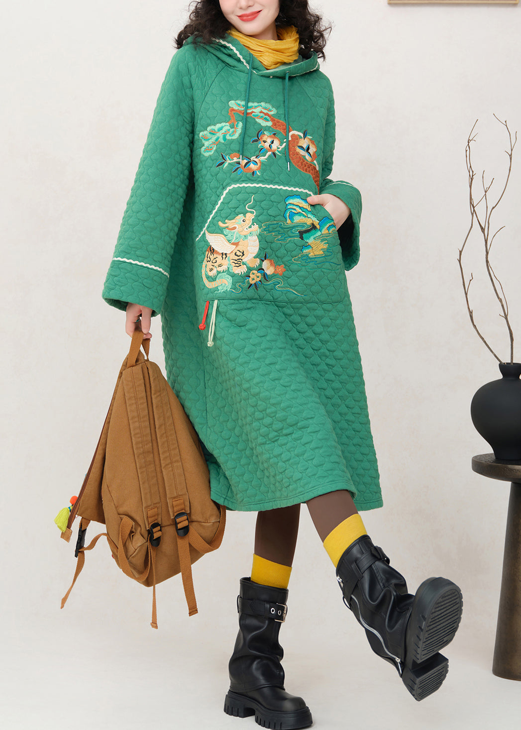 Green Embroidered Pockets Cotton Filled Sweatshirt Dress Hooded
