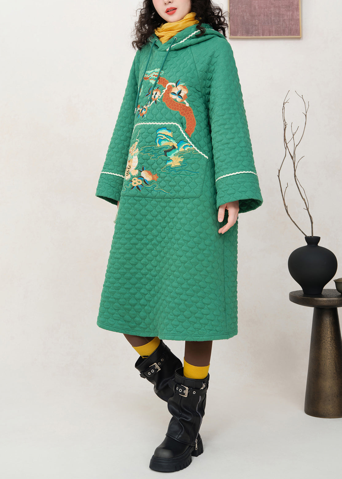 Green Embroidered Pockets Cotton Filled Sweatshirt Dress Hooded