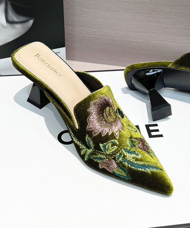 Green Embroidered Splicing High Heel Slide Sandals Pointed Toe