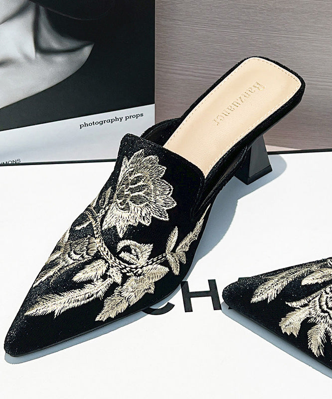 Green Embroidered Splicing High Heel Slide Sandals Pointed Toe