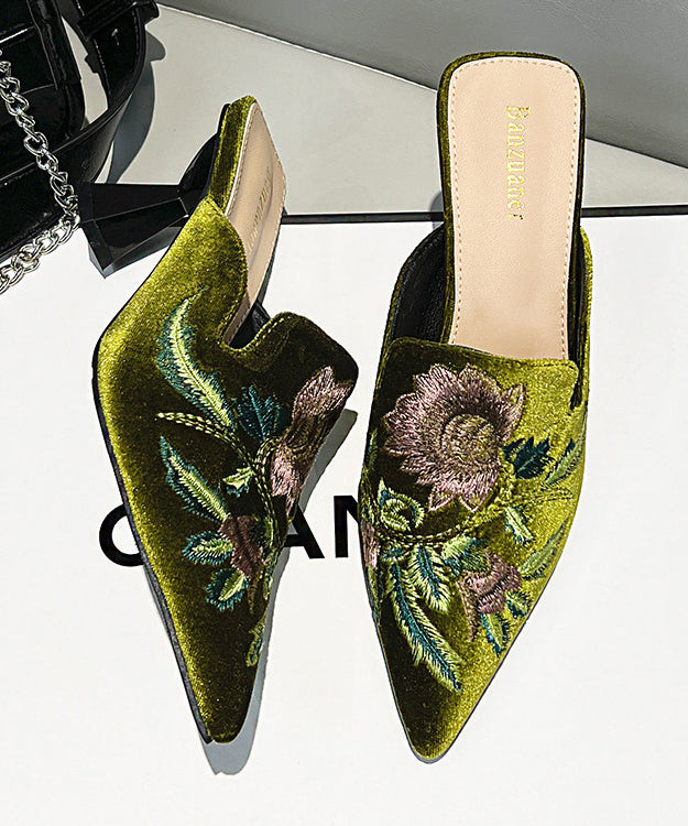 Green Embroidered Splicing High Heel Slide Sandals Pointed Toe