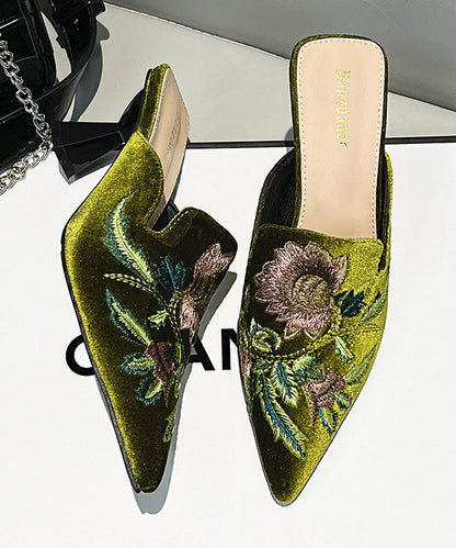 Green Embroidered Splicing High Heel Slide Sandals Pointed Toe