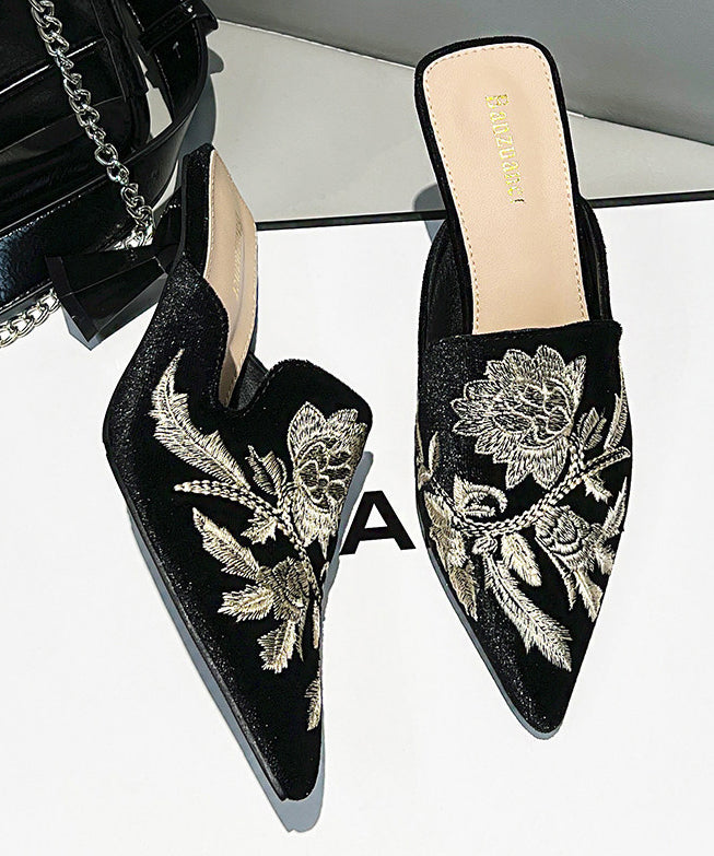 Green Embroidered Splicing High Heel Slide Sandals Pointed Toe