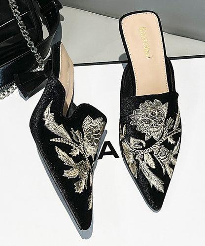 Green Embroidered Splicing High Heel Slide Sandals Pointed Toe