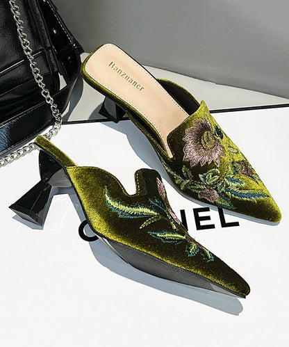 Green Embroidered Splicing High Heel Slide Sandals Pointed Toe
