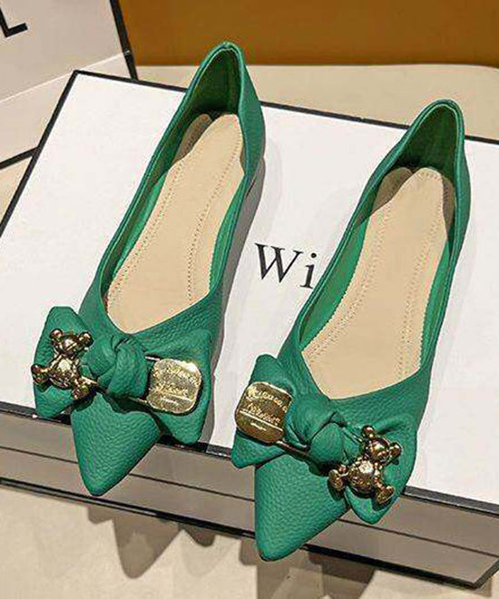 Green Faux Leather Bow Splicing Pointed Toe Flat Shoes For Women