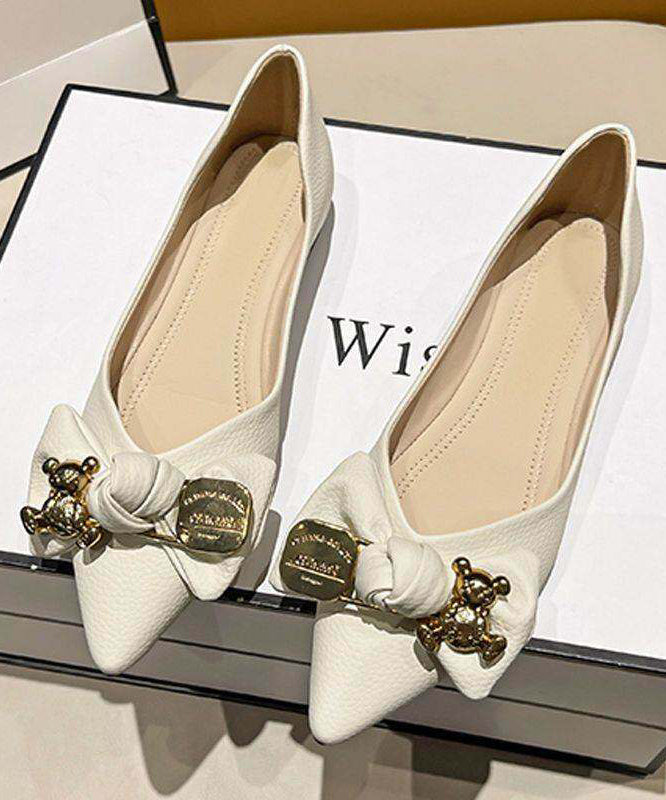 Green Faux Leather Bow Splicing Pointed Toe Flat Shoes For Women