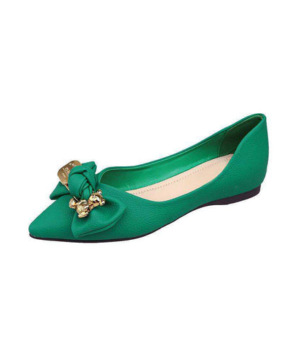 Green Faux Leather Bow Splicing Pointed Toe Flat Shoes For Women