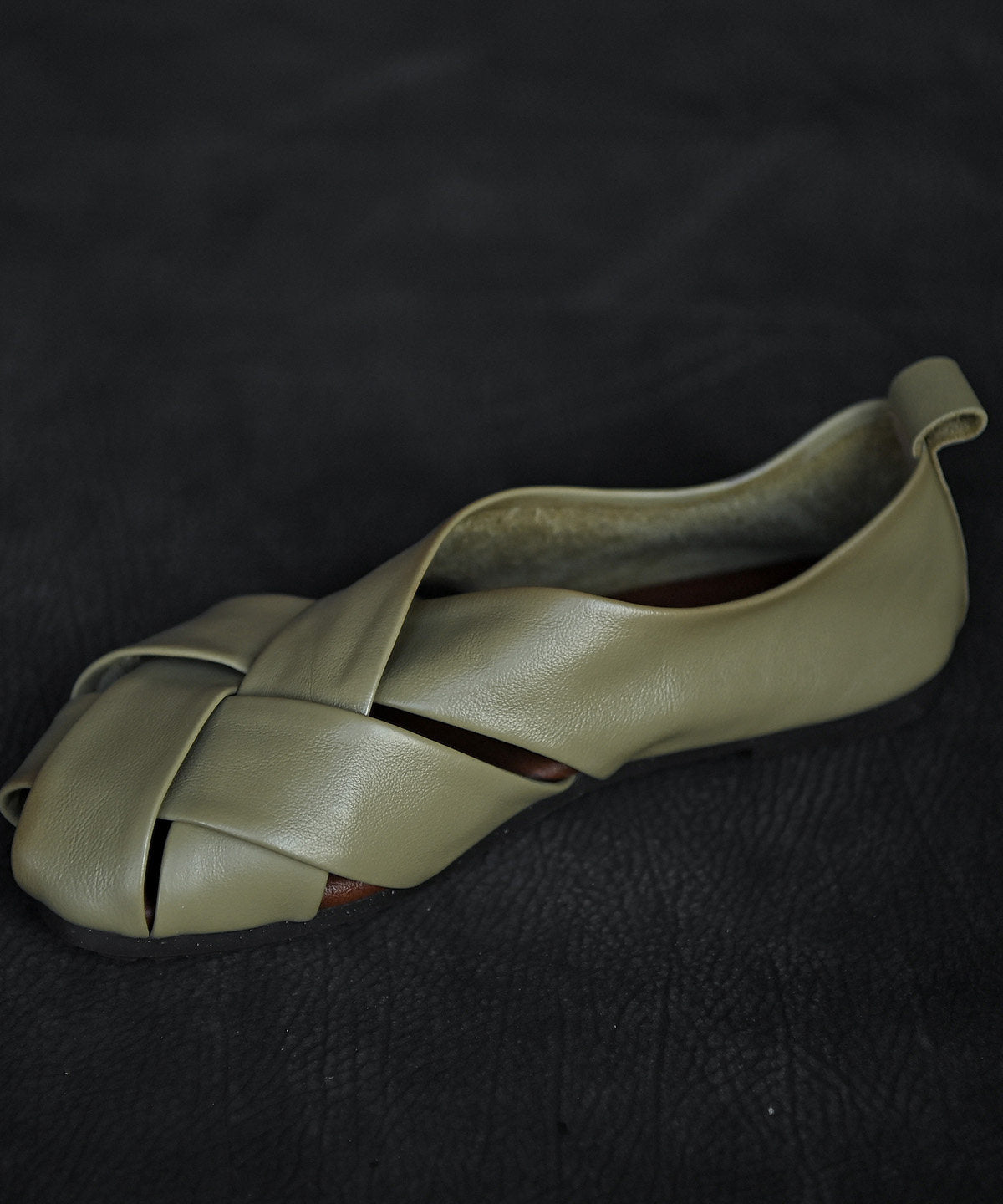 Green Flat Feet Shoes Cowhide Leather Vintage Hollow Out Flat Shoes For Women