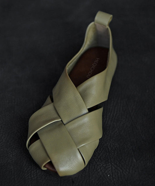 Green Flat Feet Shoes Cowhide Leather Vintage Hollow Out Flat Shoes For Women