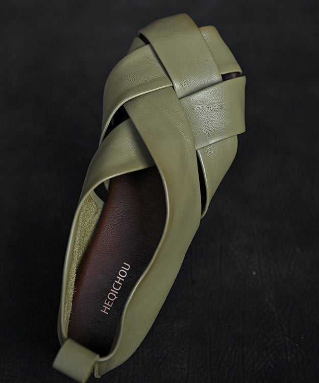 Green Flat Feet Shoes Cowhide Leather Vintage Hollow Out Flat Shoes For Women