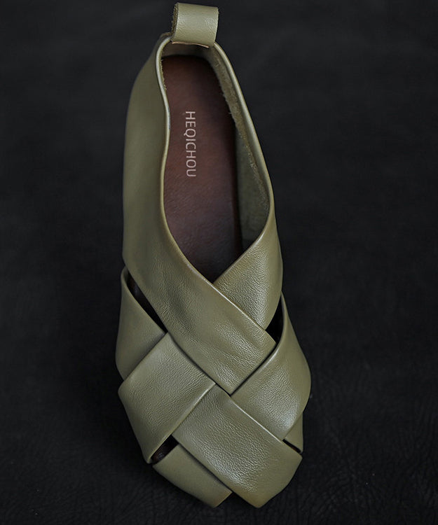 Green Flat Feet Shoes Cowhide Leather Vintage Hollow Out Flat Shoes For Women
