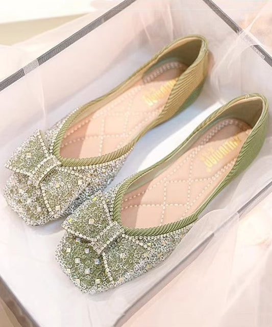 Green Flat Shoes Satin Women Splicing Bow Zircon