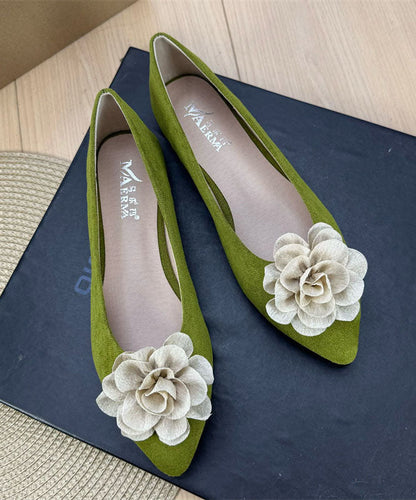 Green Flat Shoes Suede Chic Splicing Floral Pointed Toe