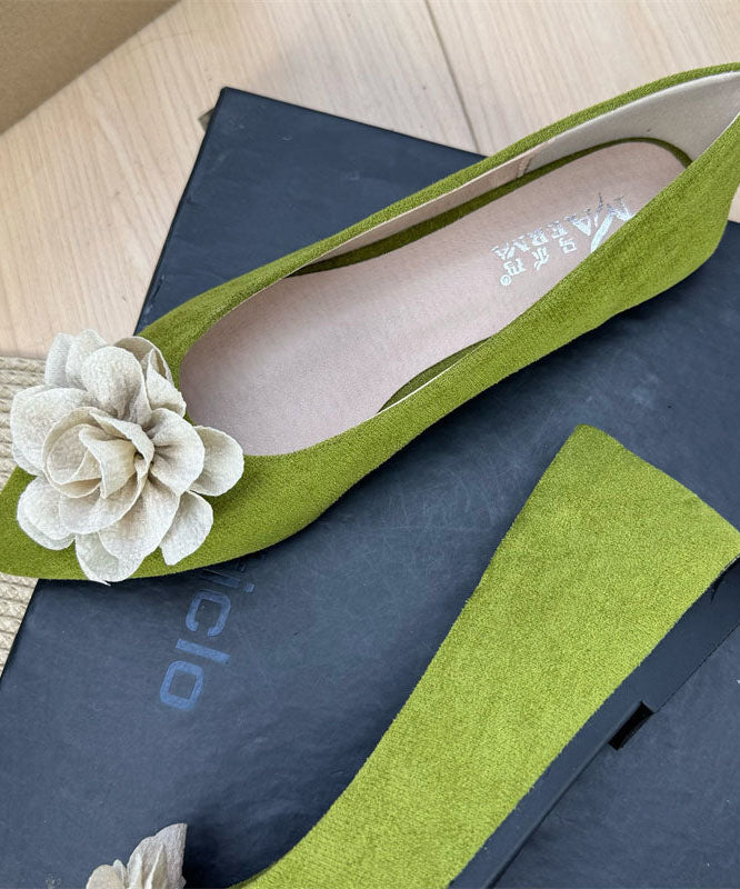 Green Flat Shoes Suede Chic Splicing Floral Pointed Toe