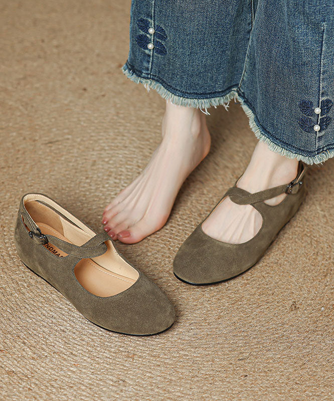 Green Flats Cowhide Leather Casual Buckle Strap Flat Shoes
