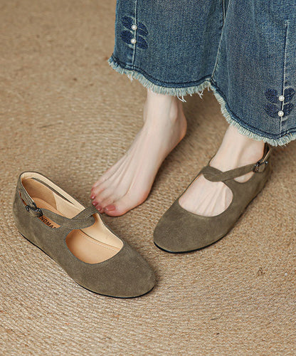 Green Flats Cowhide Leather Casual Buckle Strap Flat Shoes