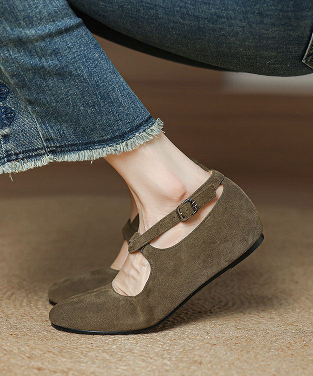Green Flats Cowhide Leather Casual Buckle Strap Flat Shoes